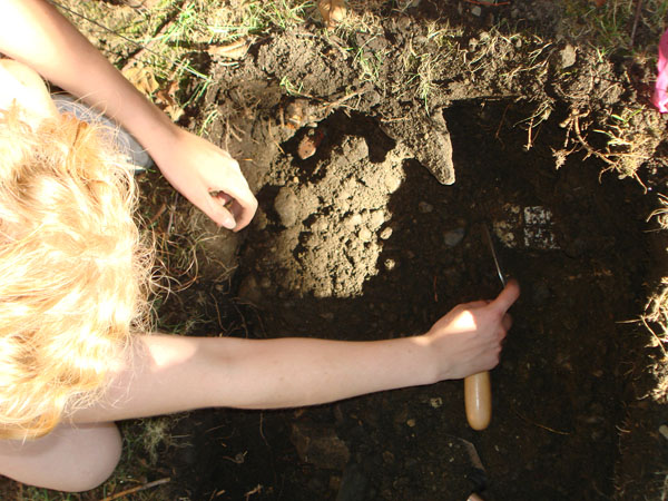 Archaeology student digging in ground